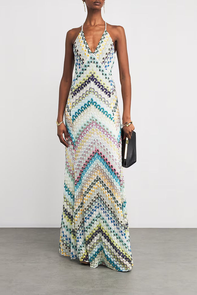 Blue-Green Crochet Halter Maxi Dress Hover Image