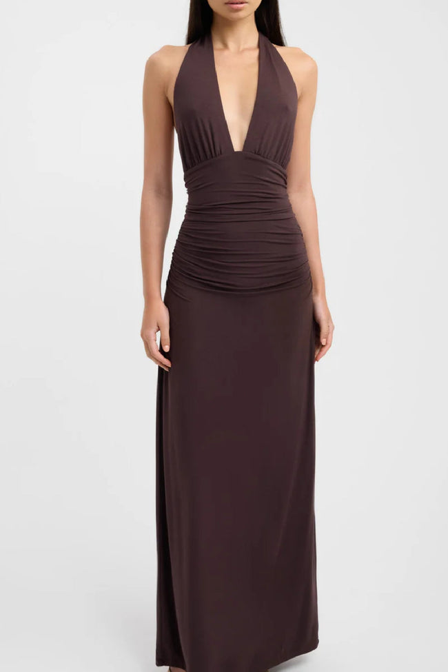 Brown Halter Ruched Maxi Dress Hover Image