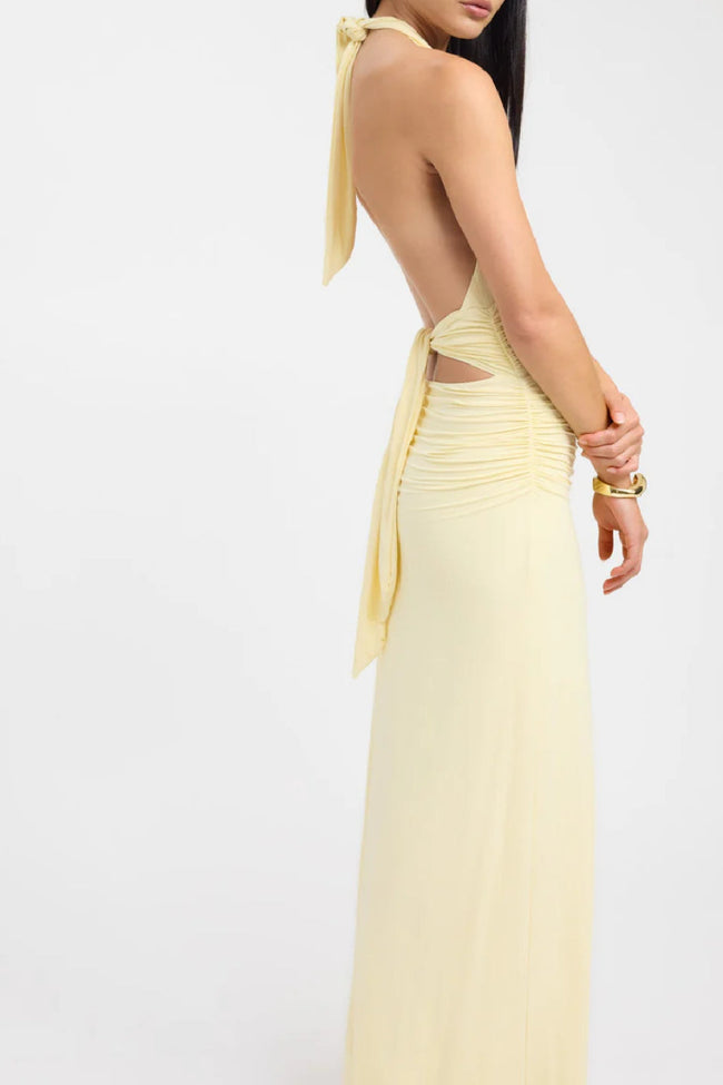 Pale Yellow Halter Ruched Maxi Dress Main Image
