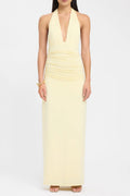 Pale Yellow Halter Ruched Maxi Dress