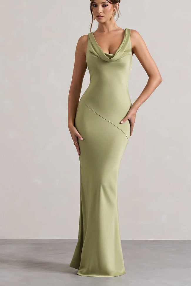 Olive Green Satin Cowl Back Maxi Dress Main Image