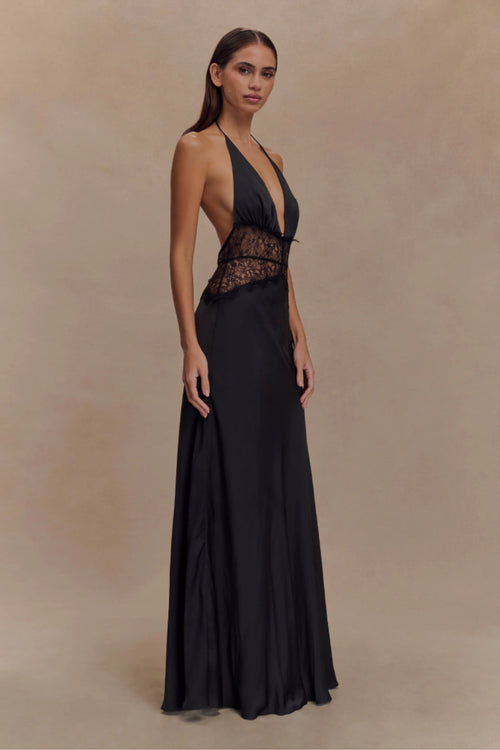 Black Satin Halter Maxi Dress