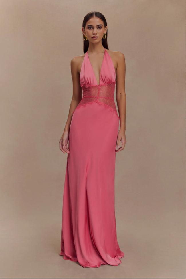 Hot Pink Satin Halter Maxi Dress Hover Image