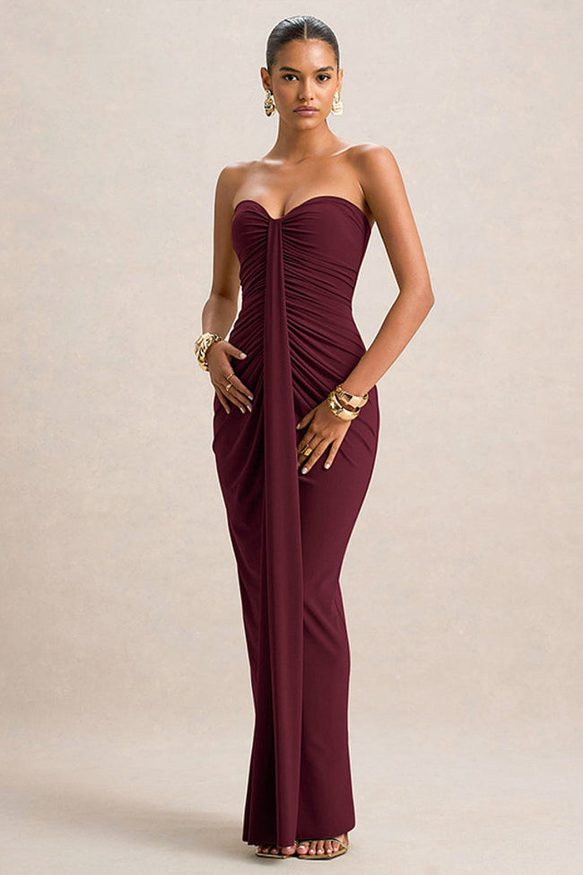 Burgundy Strapless Ruched Maxi Dress Hover Image