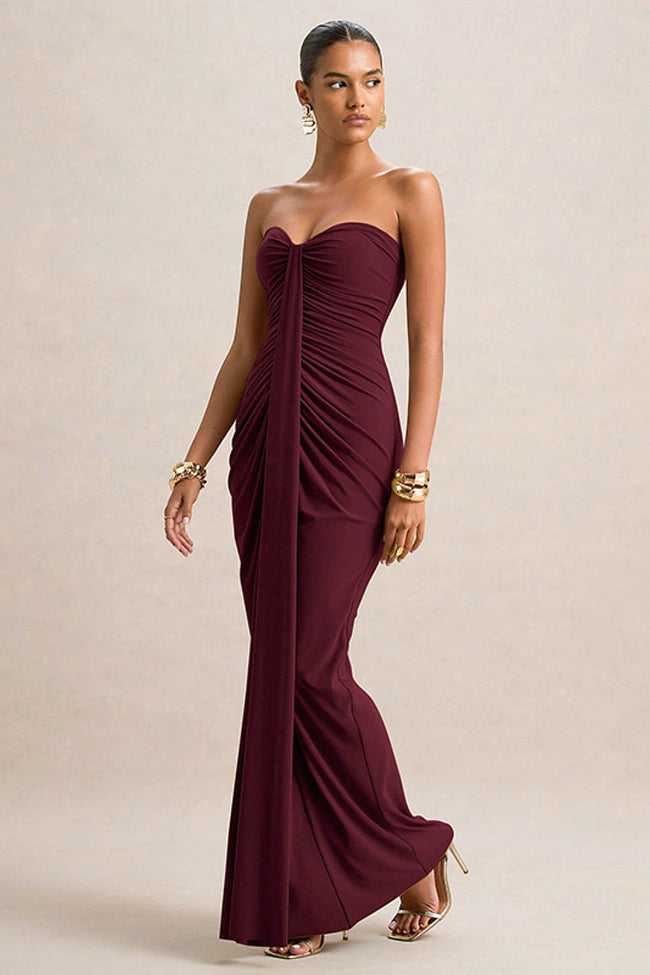 Burgundy Strapless Ruched Maxi Dress Main Image