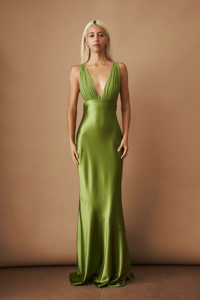 Olive Satin Maxi Dress Hover Image