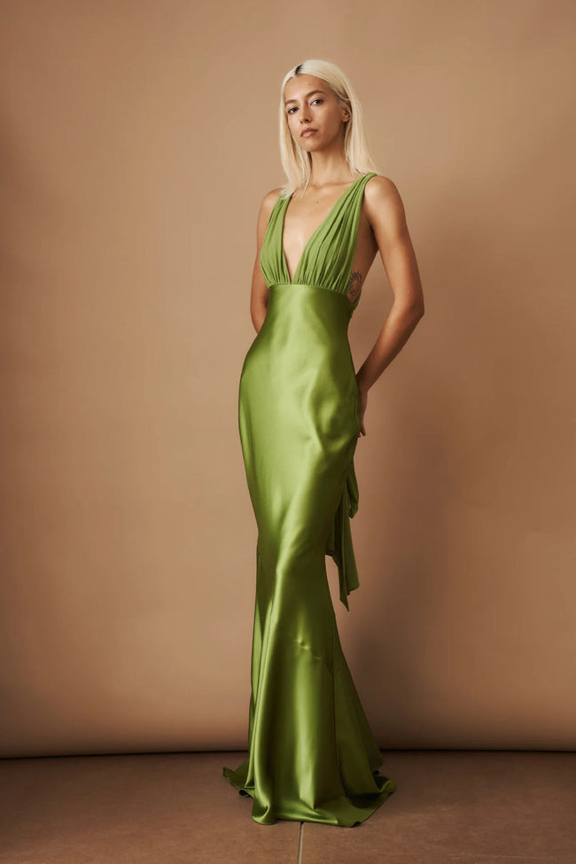 Olive Satin Maxi Dress Main Image