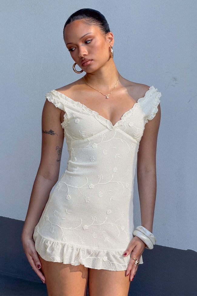 Cream Lace Ruffle Mini Dress Hover Image