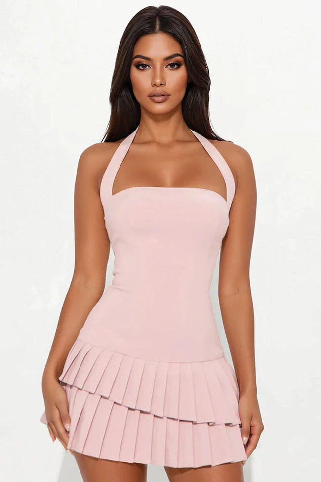 Blush Pleated Halter Mini Dress Hover Image