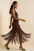 Brown Fringe Midi Dress