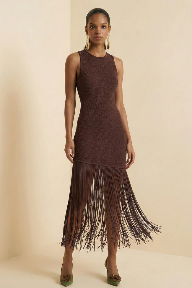 Brown Fringe Midi Dress Main Image