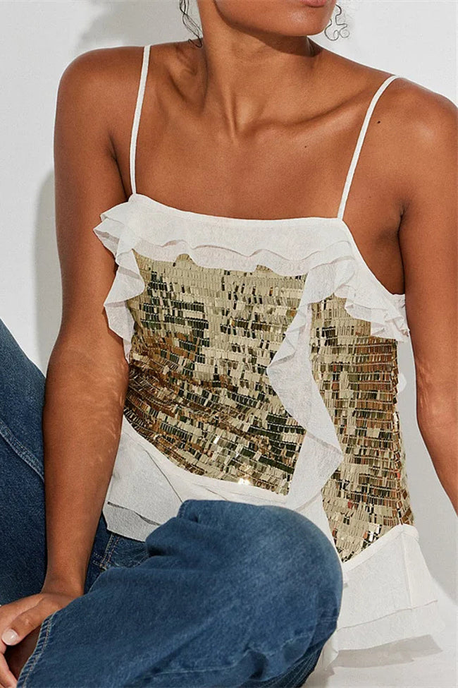 White Sequin Ruffle Cami Top Main Image