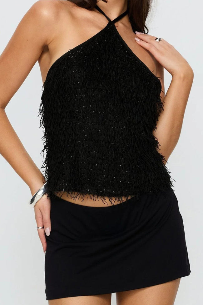 Noir Fringe Halter Top Hover Image