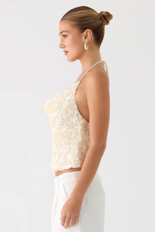 Cream Sequin Halter Top Main Image