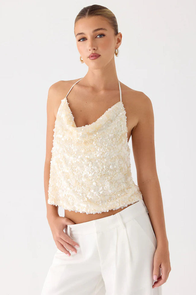 Cream Sequin Halter Top Hover Image