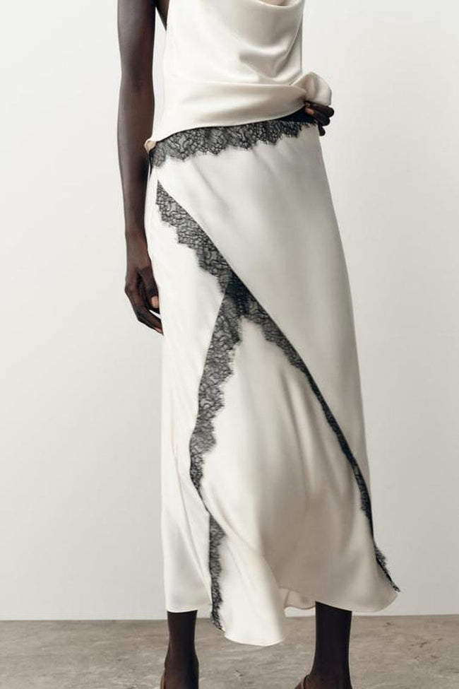 Lace Trim Satin Skirt Hover Image
