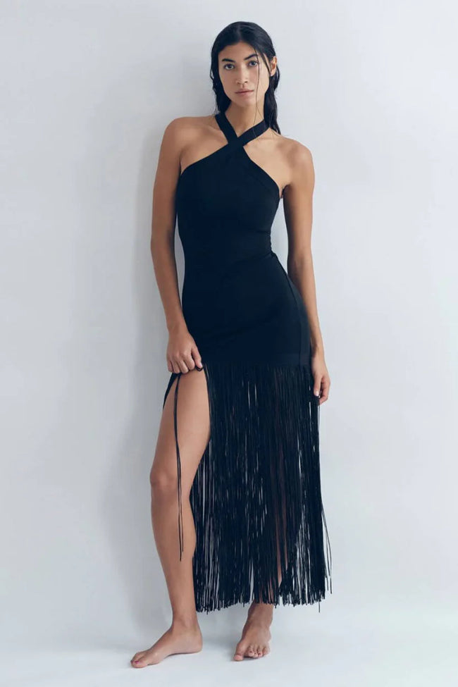 Fringe Halter Midi Dress Hover Image
