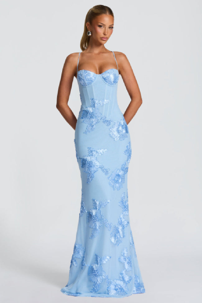 Blue 3D Floral Fishtail Gown Main Image